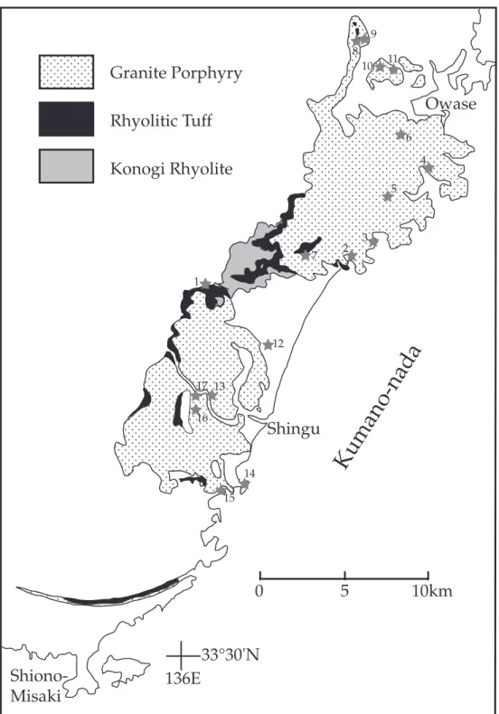 Fig. 2　Distribution of the Kumano Acidic Rocks（modiﬁed from Sumii et al., 1998）and sample  localities（stars）.