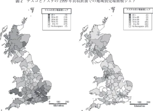 図 2 テスコとアズダの 1999 年買収直前での地域別売場面積シェア