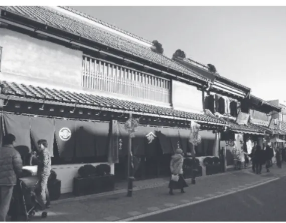 図 3　土蔵造りの商店街（現状・埼玉県川越市）とんど広がらず，銀座自体にも後世まで残されることはなかった 13） 。街路に面して同じよ うな店舗が連なるということなら，連屋という様式をとらなくても，日本の伝統都市には木造の独立した店舗が軒を接して連なる様式が存在していた。また，店舗の軒を深く張り出した出桁造り（だしげたづくり）や，雪国の都市でみられた雁木（がんぎ）は，一種のアーケードのような機能を持っていた。したがって，近代になって直線的な街路が整備されても，そこに連屋という新たな様式を導入する必然性は大き