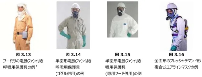 図 3.13  フード形の電動ファン付き  呼吸用保護具の例 † 図 3.14  半面形電動ファン付き 呼吸用保護具  (ゴグル併用)の例  図 3.15  半面形電動ファン付き 吸用保護具  (専用フード併用)の例  図 3.16  全面形のプレッシャデマンド形複合式エアラインマスクの例    ④    呼吸用保護具を着用する際は、密着性を確認する必要がある。着用者の顔面とマスクの面体の密着性の 良否を判定するには、計測器を使用した定量的な方法とフィットテスター等を使用した定性的な方法がある。      