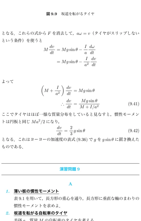 図 9.9 坂道を転がるタイヤ となる．これらの式から F を消去して， aω = v （タイヤがスリップしない という条件）を使うと M dv dt = M g sin θ − I a dωdt = M g sin θ − I a 2 dvdt よって ( M + I a 2 ) dvdt = M g sin θ ∴ dv dt = M g sin θM + I/a 2 (9.41) ここでタイヤはほぼ一様な質量分布をしていると見なすと，慣性モーメン トは円板と同じ M a 2 /2 になり， dv dt
