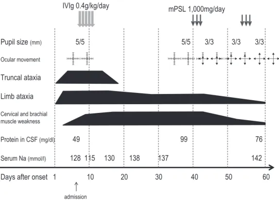 Fig. 1 Time course of clinical symptoms, laboratory data and treatments.