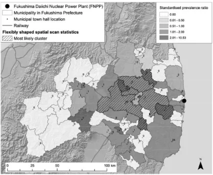 図 1  甲状腺がん標準化有病率の分布と Flexscan による最も疑わしい地理的集積範囲。  図中斜線の領域が Flexscan によって最も集積が疑われる地理的範囲である。相対リスクは 1.411 であるが、p 値は 0.75 であり、有意な集積とはいえない。  図 2  MEET による検定結果  横軸は「近さ」の範囲を決めるパラメータであり、おおよそこのパラメータ値よりも近い範囲 にある市町村間の有病率が類似している程度が強いほど、縦軸の数値は小さくなる。45km と いう近さを想定すると、互いに