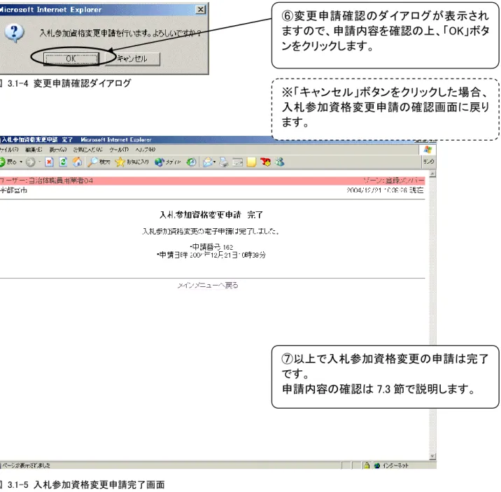 図  3.1-4  変更申請確認ダイアログ  図  3.1-5  入札参加資格変更申請完了画面  ※注意    電子入札システムで申請後、必要書類を別途提出してください。  ⑦以上で入札参加資格変更の申請は完了です。 申請内容の確認は 7.3 節で説明します。 ⑥変更申請確認のダイアログが表示されますので、申請内容を確認の上、「OK」ボタンをクリックします。 ※「キャンセル」ボタンをクリックした場合、入札参加資格変更申請の確認画面に戻ります。 