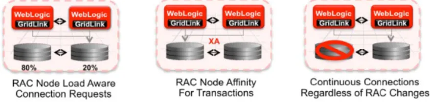 図 2：Active GridLink for RAC のロードバランシング、  XA アフィニティ、フェイルオーバー 