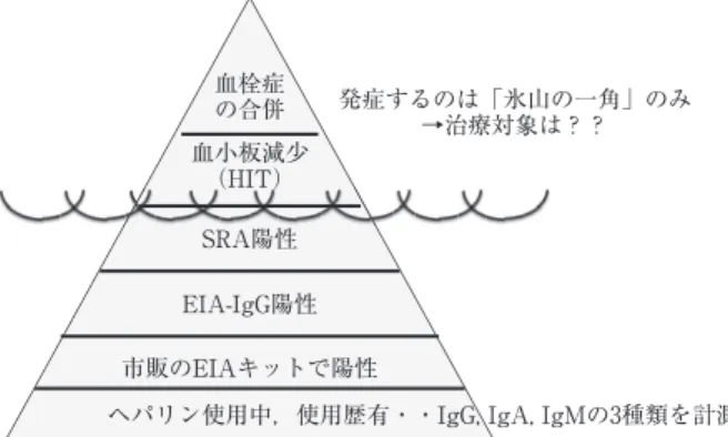 Table 1 HIT の血清学的診断法． 1．Functional assays 1）洗浄血小板をもちいる方法 ① Serotonin release assay（※1） ② Heparin-induced platelet activation ③ Platelet microparticle assay 2）クエン酸 Na 採血による多血小板血漿をもちいる方法 ① Platelet aggregation test ② Annexin V-binding assay 2．Antigen assays（