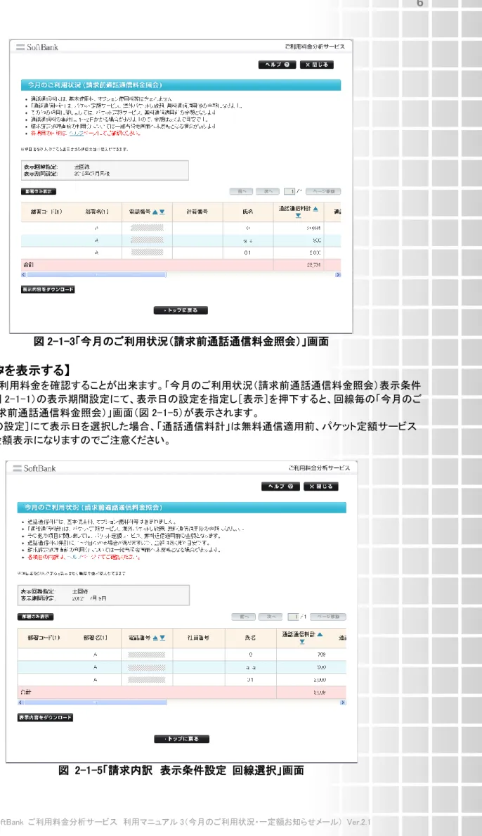 図 2-1-3「今月のご利用状況（請求前通話通信料金照会）」画面  【日別データを表示する】  指定した日の利用料金を確認することが出来ます。「今月のご利用状況（請求前通話通信料金照会）表示条件 設定」画面（図 2-1-1）の表示期間設定にて、表示日の設定を指定し［表示］を押下すると、回線毎の「今月のご 利用状況（請求前通話通信料金照会）」画面（図 2-1-5）が表示されます。  ※  ［表示日の設定］にて表示日を選択した場合、「通話通信料計」は無料通信適用前、パケット定額サービス は適用後の金額表示になり