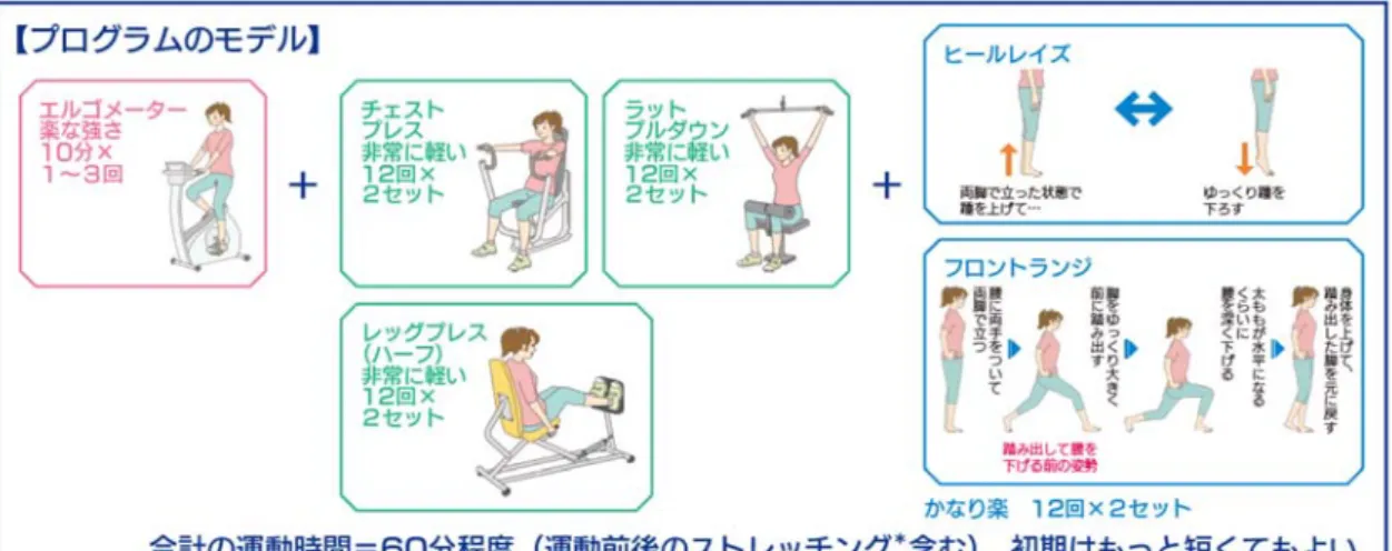 図 3  高齢者の運動プログラムのモデル    ⾼齢者で特に留意するポイントを以下にまとめた。  ・運動強度を決める際には、個⼈の体⼒の差が⼤きいので、METｓといった絶対強度で⽰ すのではなく相対強度、つまりその⼈にとってのきつさ具合を活⽤する。たとえば、10 点 スケール法（座っているだけの状態を０、最⼤限のきつさを 10 として、中等度の強度は 5 −6、⾼強度は 7 以上とする）や 6 を座っているだけの状態、最⼤限のきつさを 20 とする Borg Scale 法がよく⽤いられる。また、中等度の強