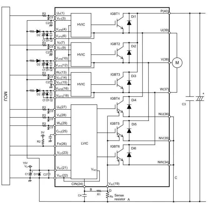 図 7.  外部応用回路例  注1.  制御側電源GNDとパワー側GNDの配線を共通のベタ配線で配線すると大電流が流れるパワーGNDの変動の影響を受け誤動作の可能性がありますの で，制御側電源GNDとパワー側GNDの配線は分けて配線し，N1点（NU,NV,NWを接続した点）にて一点接続としてください。  2