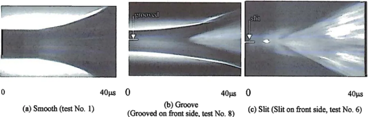 Fig. 3. Streak records at the mid-length for exploding fully charged cylinders of 304SS with (a) smooth, (b) one-grooved and (c) slit walls - test No
