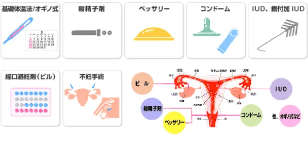 図 1.2: 避妊法の種類 [5] 1.5 コンドームの歴史 コンドームの歴史は、避妊と性病との戦いの歴史でもある。1.4 でも述べたが、人間が 生きていくためには避妊というテーマは重大で、かつ性病との戦いは現代も続いている。 そのような環境下でコンドームは如何にして誕生したのか。以下の引用が詳しい。 この物品の起源は、紀元前 3000 年頃の初期エジプト王朝にあると言われて おり、ブタやヤギの盲腸や膀胱を利用して作られていた。ただし当時は男性生 殖器を虫刺され等から守るための下着の一種として日常的に装着し