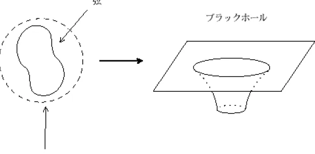 図 2: 弦が Schwarzschild 半径より小さくなると、弦は「重力崩壊」を起こしブラッ クホールになる。