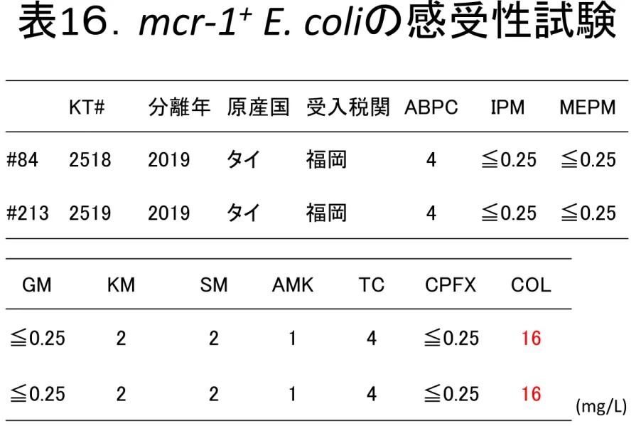表 1 ６． mcr-1 + E. coli の感受性試験