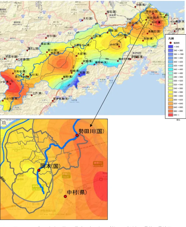 図 1-3  平成 29 年台風第 21 号時の宮川および勢田川流域総雨量等雨量線図 