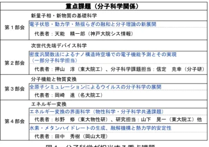 図 1 　分子科学が担当する重点課題 図 2 　T C C I で支援する特別支援課題 5 -6 -2 　T C C I の活動について (1 )　推進体制について 今年度の推進体制を図３に示す。 側は，研究部門であり，特別支援課題，重点課題を支援するための組織である。 支援を行う研究員・教員の配置を図４に示す。図３の 側が， TCCI としての 行部門であり，各先生にお願いして 拠点として淝要な活動を分担して頂いている（図５） 。その多くは，上部組織である CMSI の小委員会の機能に対応 するもので， 