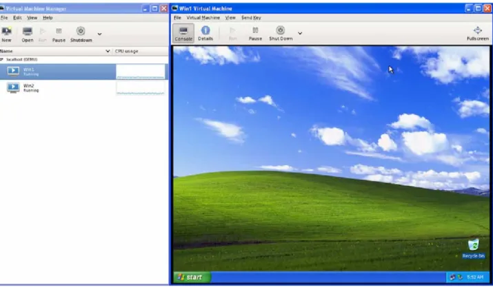 Figure 44 virt-manager GUI (left) and one Virtual Machines console (right) 