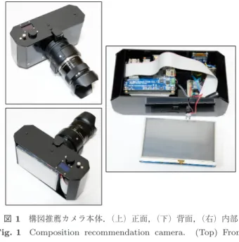 図 1 構図推薦カメラ本体． （上）正面， （下）背面， （右）内部 Fig. 1 Composition recommendation camera. (Top) Front,