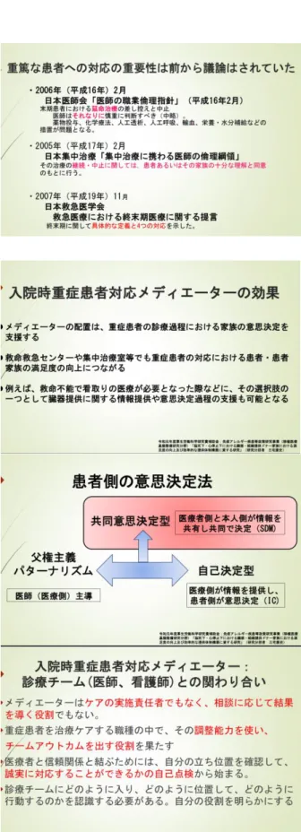 表 1：テキスト目次  実際のテキトブックの内容については、執筆 者、主任研究者、分担研究者などによる調整の 後に、初版として発行した上で、養成講習会を 通じてブラッシュアップを繰り返し、第 1 版の 完成版とする予定である。 