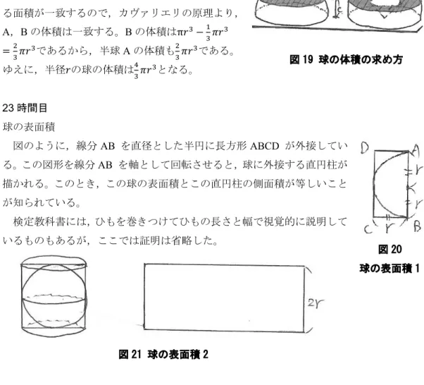 図 球の体積の求め方A              B  図  球の表面積  か「垂直でない」のいずれか適当であると思うものを〇で囲み，そのことを証明せよ。私の想定としては，6時間目定理4系2「交わる2 直線それぞれに垂直な任意の直線は，この2 直線の決定する平面に垂直である。」を用いる解答であった。[解答1] 垂直であるABの中点をMとする。△CABは二等辺三角形なのでCM⊥AB △DABについても同様にDM⊥AB よって，ABは平面MCD内の交わる2直線CM，DM と垂直なので， AB ⊥平面 MCD C