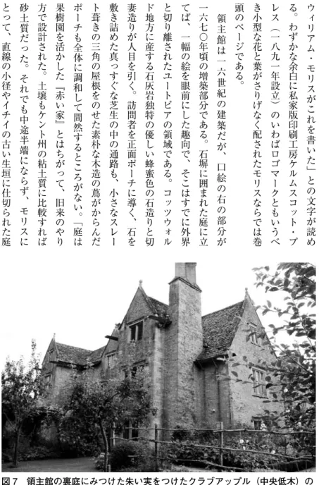 図 7　 領主館の裏庭にみつけた朱い実をつけたクラブアップル（中央低木）の 添景。