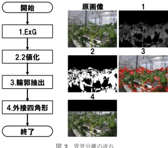 図 1 Optical Flow を用いた草姿の変化検出の流れ Fig. 1 Flowchart of detection of plant motion using optical