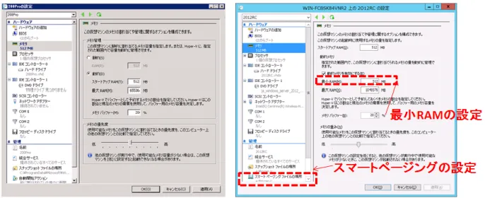 図 3.1 に動的メモリ構成の GUI の差異として Windows Server 2008 R2 Hyper-V と Windows Server  2012 Hyper-V,  Windows Server 2012 R2 Hyper-V  の動的メモリの設定画面を紹介します。図 3.1 のよ うに、Windows Server 2012 Hyper-V,  Windows Server 2012 R2 Hyper-V  で追加された項目として、 最小 RAM の設定とスマートページングの設定が新たに追