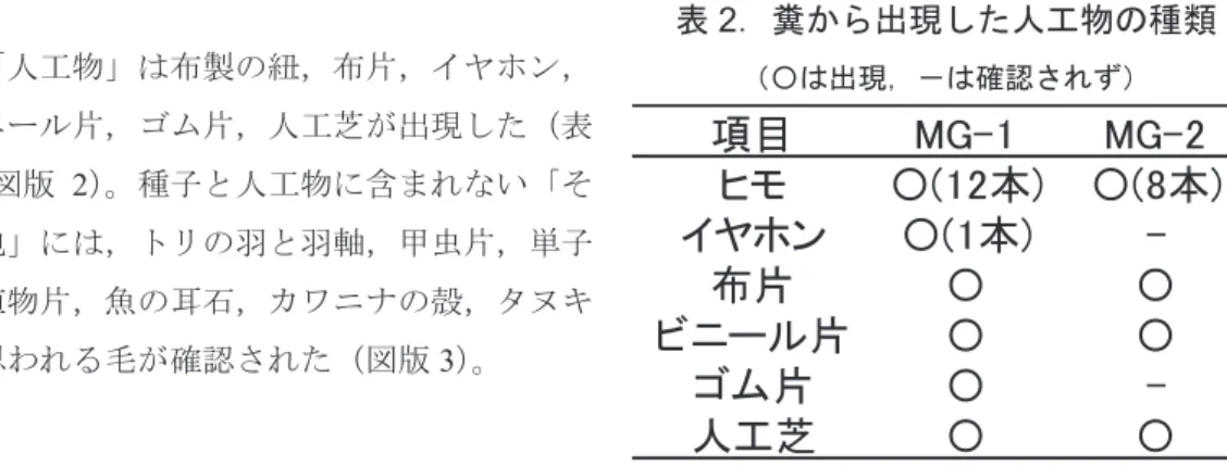 表 2 ．糞から出現した人工物の種類 （〇は出現，－は確認されず）「人工物」は布製の紐，布片，イヤホン， ビニール片，ゴム片，人工芝が出現した（表 2 ；図版 2 ） 。種子と人工物に含まれない「そ の他」には，トリの羽と羽軸，甲虫片，単子 葉植物片，魚の耳石，カワニナの殻，タヌキ と思われる毛が確認された（図版 3 ）。 3-2 ．構内の樹木の結実調査  糞分析で出現したウリ科の植物を除く 5 種類の植物の学園構内の分布を調べたところ， カキノキを除くすべての樹木がみつかり，その結実も確認できた（図 1 