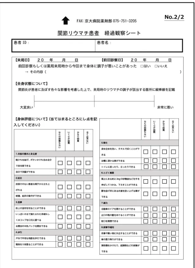 図 5  薬局からのトレーシングレポートテンプレート（関節リウマチ編） ：患者の来局ごとにこのレ ポートを返却してもらい処方医に情報のフィードバックを行う。