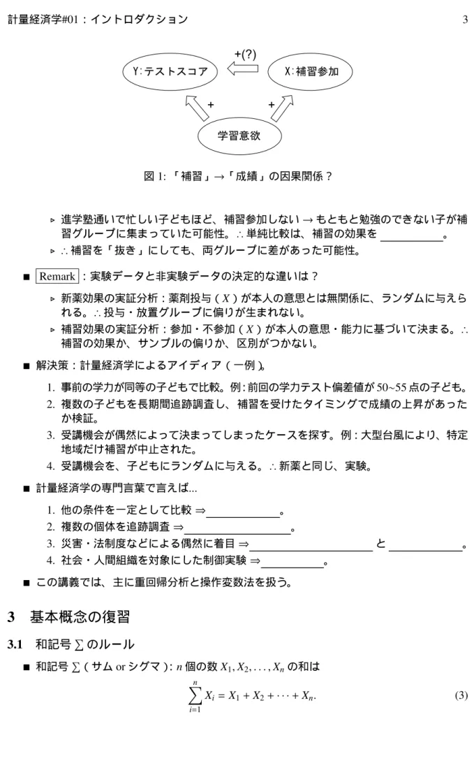 図 1: 「補習」 → 「成績」の因果関係？ ⊲ 進学塾通いで忙しい子どもほど、補習参加しない → もともと勉強のできない子が補 習グループに集まっていた可能性。 ∴ 単純比較は、補習の効果を 。 ⊲ ∴ 補習を「抜き」にしても、両グループに差があった可能性。  Remark ：実験データと非実験データの決定的な違いは ？ ⊲ 新薬効果の実証分析：薬剤投与（ X ）が本人の意思とは無関係に、ランダムに与えら れる。 ∴ 投与・放置グループに偏りが生まれない。 ⊲ 補習効果の実証分析：参加・不参加（ X ）