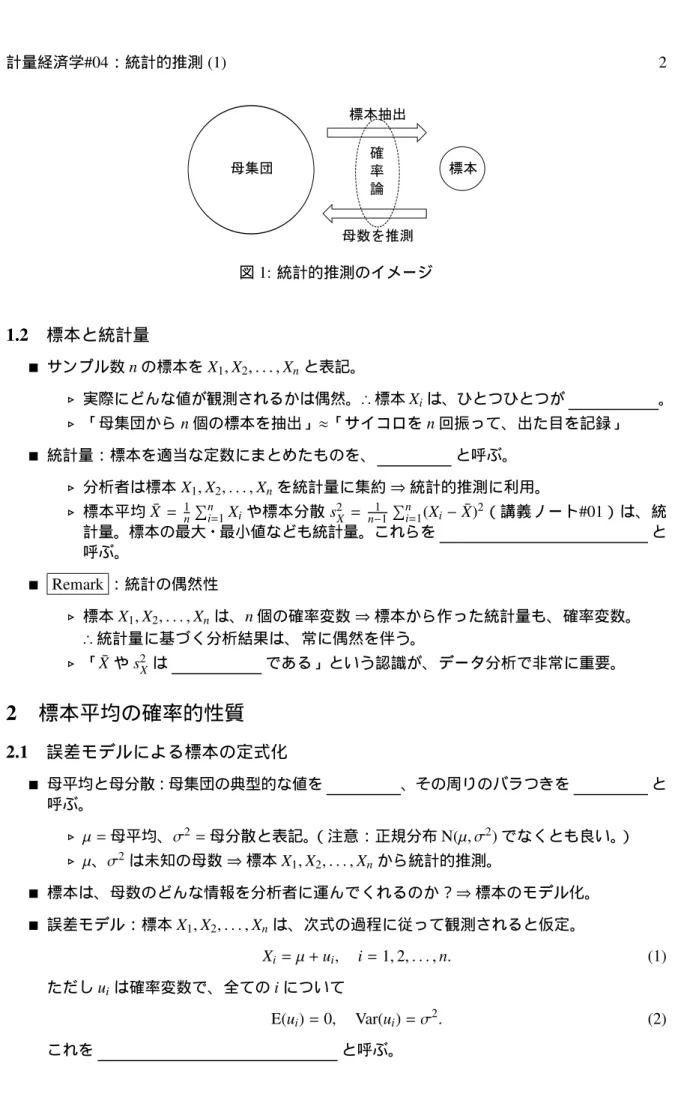 図 1: 統計的推測のイメージ 1.2 標本と統計量  サンプル数 n の標本を X 1 , X 2 , . . . , X n と表記。 ⊲ 実際にどんな値が観測されるかは偶然。 ∴ 標本 X i は、ひとつひとつが 。 ⊲ 「母集団から n 個の標本を抽出」 ≈ 「サイコロを n 回振って、出た目を記録」  統計量：標本を適当な定数にまとめたものを、 と呼ぶ。 ⊲ 分析者は標本 X 1 , X 2 , 