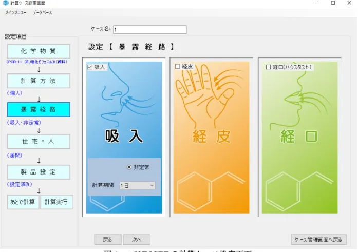 図 1.    AIST-ICET の計算ケース設定画面 図 2.  スプレー型の消費者製品を使用した際のナノマテリアル経口曝露量の推定結果の例（AIST-ICET）0500010000150002000025000300003500040000012345 6濃度時間（h）時間経過に伴う濃度変化（居間）（μg/m3）
