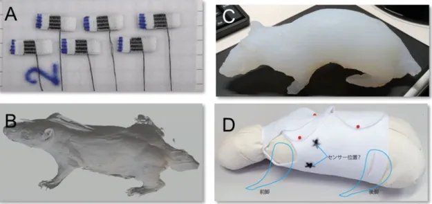 図 1  新素材を用いたバイタルサインセンサーの開発  A:  織物技術による CNT センサーの作製、 B:  ラット 3D スキャナーデータ、 C: 3D プリンターの型を基に作成し たシリコン樹脂製のラット模型、 D:  センサー装着ジャケットの作製 図 2  ラットを用いた化学物質の急性影響評価  (Acephate）  顕著な心拍数低下と血圧上昇がみられ伏臥位、呼吸異常がみられた。体表面温度は、僅かな低下がみられた が、尾部は顕著な温度上昇がみられた。
