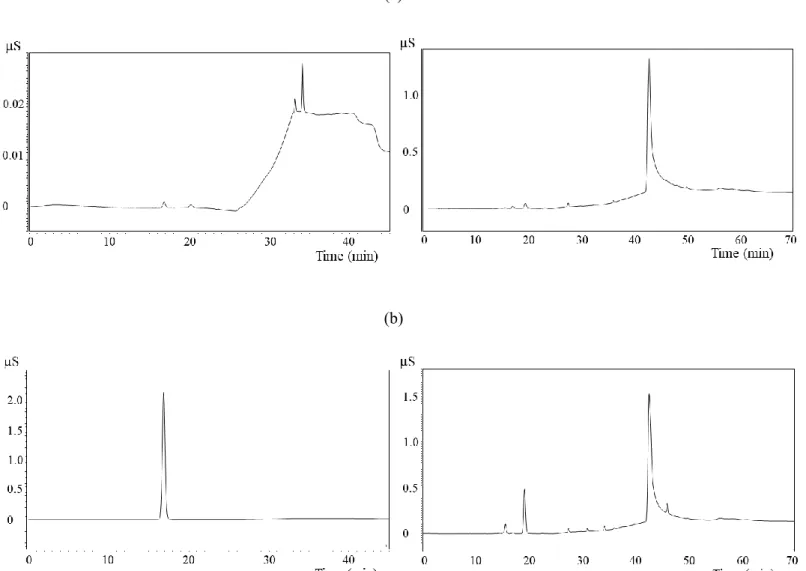 Fig. 5  (a) DISMIC および  (b) OnGuard による空試験のクロマトグラム  左:  陽イオン分析,  右:  陰イオン分析 