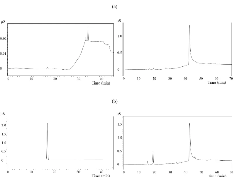 Fig. 5  (a) DISMIC および  (b) OnGuard による空試験のクロマトグラム  左:  陽イオン分析,  右:  陰イオン分析 