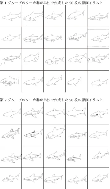 図 8 単独隣置きで作成された線画イラスト：上段は第 1 グループ が，下段は第 2 グループが作成
