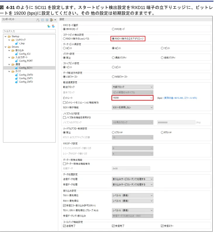 図  4-31 のように SCI11 を設定します。スタートビット検出設定を’RXD11 端子の立下りエッジ’に、ビットレ ートを 19200 (bps)に設定してください。その 他の設定は初期設定のままです。 