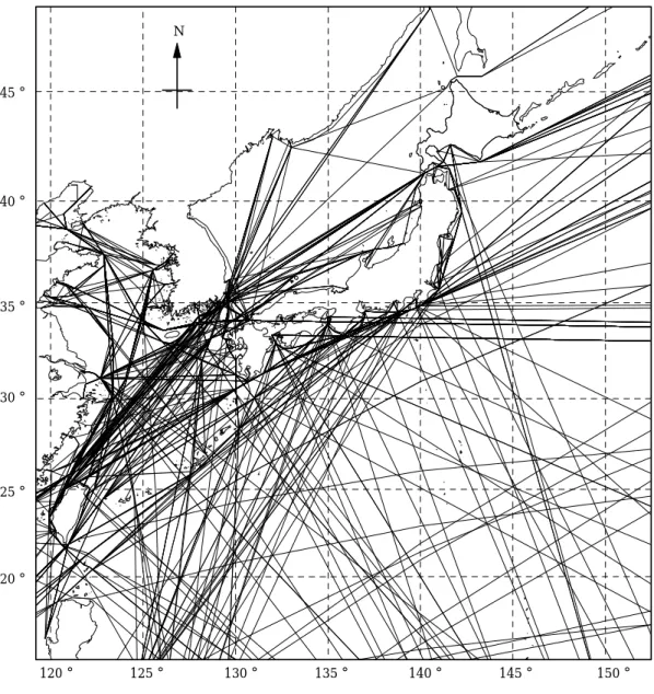 図  3.4-1: わ が 国 周 辺 海 域 を 航 行 し た HNS 輸 送 船 舶 の 使 用 航 路 （ 1997 年 ）  120°125°130°135°140°145°150°20°25°30°35°40°45°N