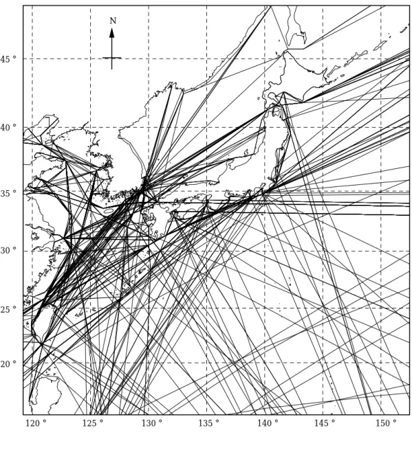 図  3.4-2: わ が 国 周 辺 海 域 を 航 行 し た ケ ミ カ ル タ ン カ ー の 使 用 航 路 （ 1997 年 ）  120°125°130°135°140°145°150°20°25°30°35°40°45°N