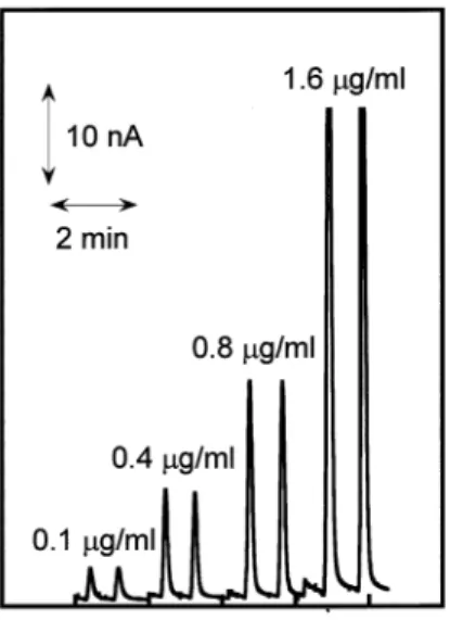 Fig. 2 Typical FIA responses to trace chlorine.  Mobile phase, 10 mM NaCl (pH = 5.5); flow rate, 5  µ l/min; detection potential, +200 mV vs