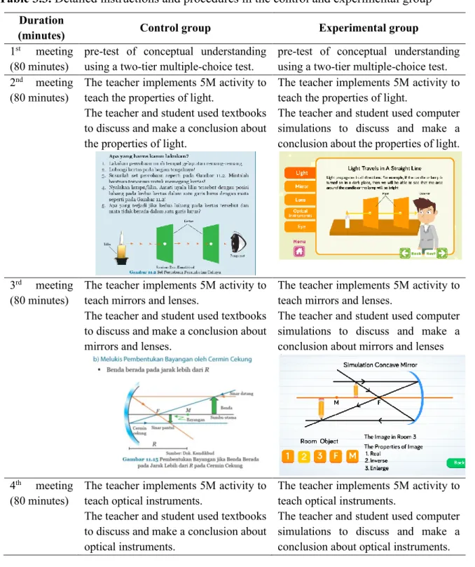 Table 3.3. Detailed instructions and procedures in the control and experimental group  Duration 