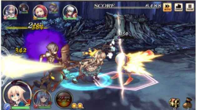 図 1: バトルシーン例 ヒーロー バトルで戦うキャラクター. ヒーローはそ れぞれ, 「アタッカー」(近接攻撃特化), 「シュー ター」(遠距離攻撃特化), 「ディフェンダー」(防 御特化), 「ヒーラー」(回復支援特化) のいずれか の職種カテゴリーに属する