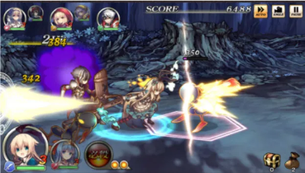 図 1: バトルシーン例 ヒーロー バトルで戦うキャラクター. ヒーローはそ れぞれ, 「アタッカー」(近接攻撃特化), 「シュー ター」(遠距離攻撃特化), 「ディフェンダー」(防 御特化), 「ヒーラー」(回復支援特化) のいずれか の職種カテゴリーに属する