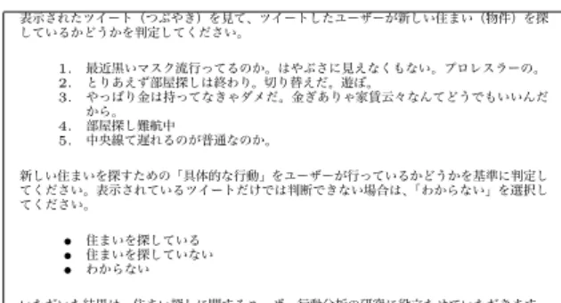 図 2: 住まい探しにおけるカスタマージャーニーマップ の一例 情報が含まれる。このような情報を得るための手段と しては、「ユーザ行動ログ」「アンケート」「行動観察」 などが一般に用いられている。しかし、住まい探しユー ザに関していえば、いずれのアプローチにも限界があ り、ユーザを理解する手段としては十分に機能してい ないのが現状である。 我々は、Twitter などのマイクロブログ上で住まい探 し行動についてつぶやいているユーザに着目し、ユー ザ行動ログ、アンケート、行動観察によるユーザ理解 の限界を補う