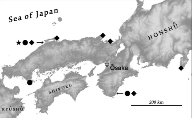 Fig. 21: Distribution of Halorhadinus species in Japan, H. sawadai (black star), H. aequalis (black circle),  H