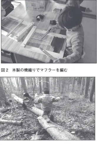 図 5 火を起こす  図 6 枝に吊るしたロープで遊ぶ