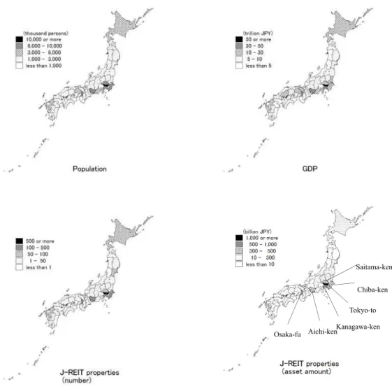 Figure 3 Geographical distribution of population, GDP, and J-REIT properties, by prefecture 