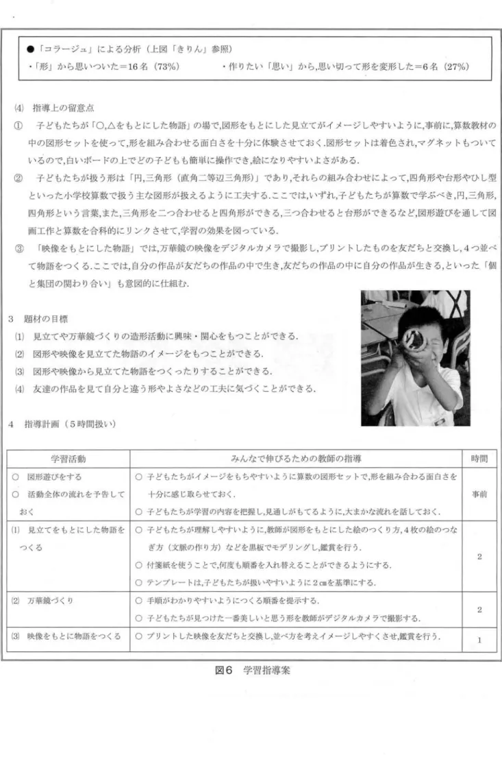 図 画 工 作 に お け る 総 合 造 形 教 材 の 開 発 . 1 コラージュ」による分析(上図「きりん」参照) .  1 形」から思いついた =16 名 ( 7 3%) ‑ 作りたい「思い」から，思い切って形を変形した =6 名 ( 27 %) 住 ) 指導上の留意点 ①  子どもたちが 10 ，ムをもとにした物語」の場で，図形をもとにした見立てがイメージしやすいように，事前に 3 算数教材の 中の図形セットを使って，形を組み合わせる面白さを十分に体験させておく 