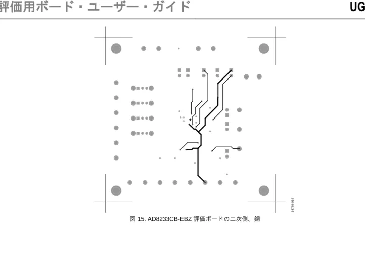 図 15. AD8233CB-EBZ 評価ボードの二次側、銅  ESD に関する注意   ESD（静電放電）の影響を受けやすいデバイスです。電荷を帯びたデバイスや回路ボードは、検知されないまま放電することがあります。本製品は当社独自の特 許技術である ESD 保護回路を内蔵してはいますが、デバイスが高エネルギーの静電放電を被った場合、損傷を生じる可能性があります。したがって、性能劣化や 機能低下を防止するため、ESD に対する適切な予防措置を講じることをお勧めします。 法的条項   アナログ・デバイセズの標