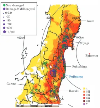 Fig. 9 東北地方太平洋沖地震におけるため池の被災分布