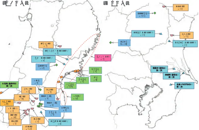 図 1.2 東日本大震災における派遣要請調査地位置図  今震災が巨大津波を伴う広範かつ多様な被災を発生させていることから、 3 月 24 日より 復旧・復興のための技術支援に係る農工研の独自調査でも被災地への職員派遣を開始し、 被災ダム・ため池等の復旧手法や津波被災農地の除塩、微細瓦礫、堆積土砂処理及び集落 移転を伴う土地利用調整等、被災現地で必要とされる様々な技術支援ニーズに対応する活 動をスタートした。発災直後に開催した支援本部会議では、当初、被害形態から支援分野 毎に技術班を編成して対応したが、その後